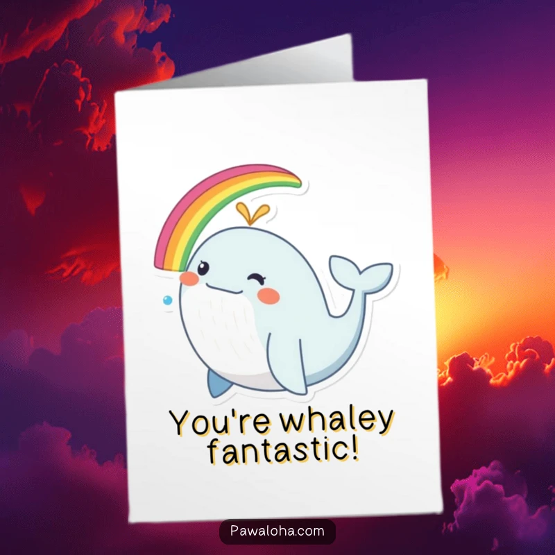 Funny Free Printable Congratulations Card showing a happy whale releasing a colorful rainbow, signifying success and happiness.