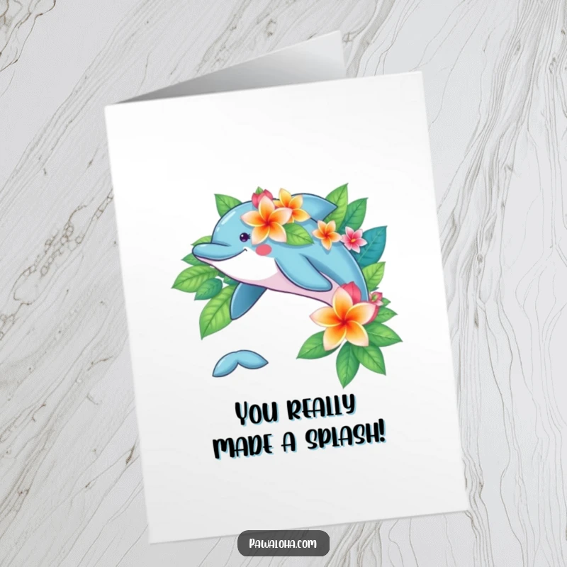 Funny free printable congratulations card featuring a leaping dolphin with vibrant tropical flowers.