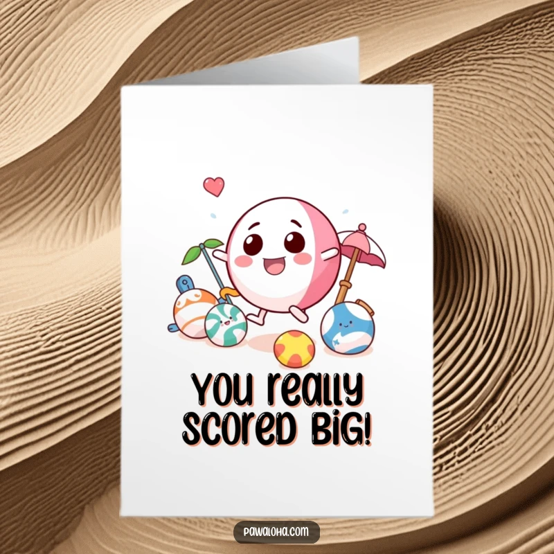 Funny Free Printable Congrats Card: Playful beach ball character bouncing with beach toys, celebrating success, perfect DIY downloadable.