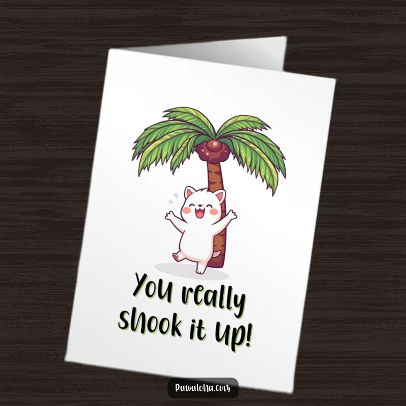Funny Free Printable Congrats Card: Kawaii animal doing a happy dance under a tropical palm tree, full of glee.