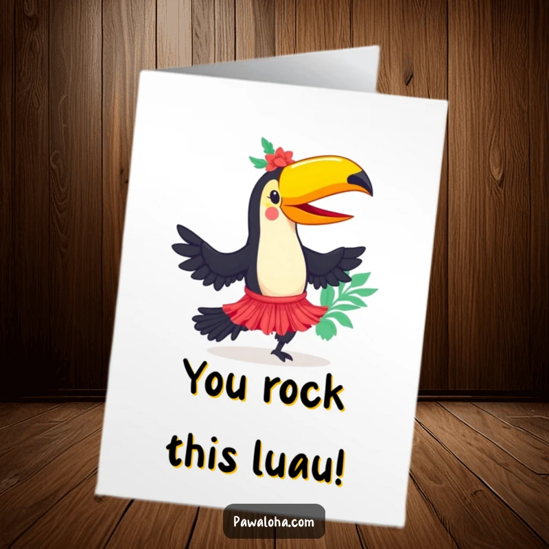 Funny Free Printable Toucan Congratulations Card: Energetic toucan in a hula skirt celebrating a milestone. Festive downloadable art.