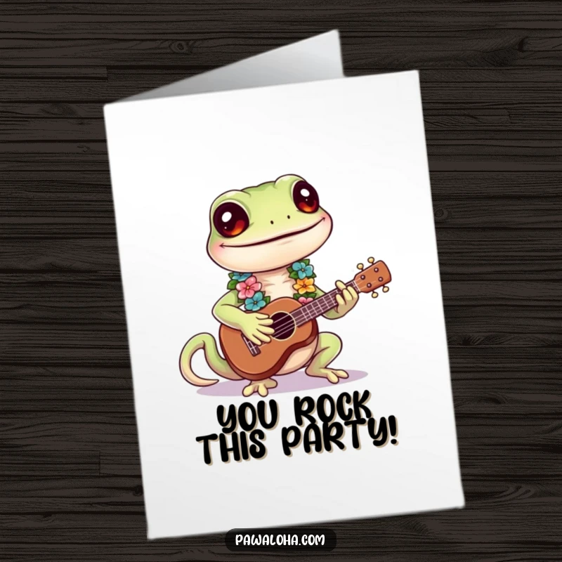 Free Printable Congratulations Card: Cute Gecko Wearing Lei Strumming Ukulele, Symbolizing Humorous Celebration