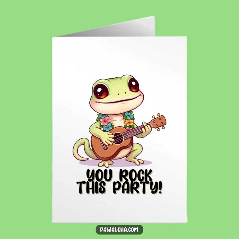 Free Printable Congrats Card: Happy Gecko Ukulele Vibes, Perfect Downloadable Celebration Gift