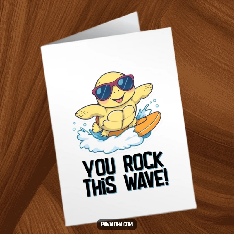 Funny Free Printable Congratulations Card: A sea turtle in sunglasses surfing a wave, embodying pure success and cool vibes.