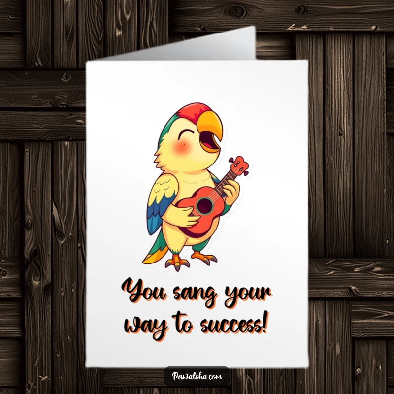 Funny Free Printable Congratulations Card: A colorful parrot holding a tiny ukulele sings a congratulatory song, celebrating your success.