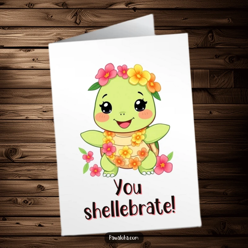 Funny Free Printable Turtle Congratulations Card, a happy character wearing a floral lei and necklace, celebrating success.