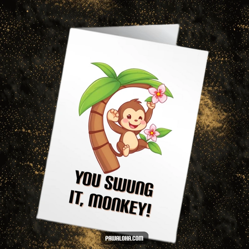 Funny Free Printable Congratulations Card showing a monkey swinging from a palm tree with a flower, celebrating a win.