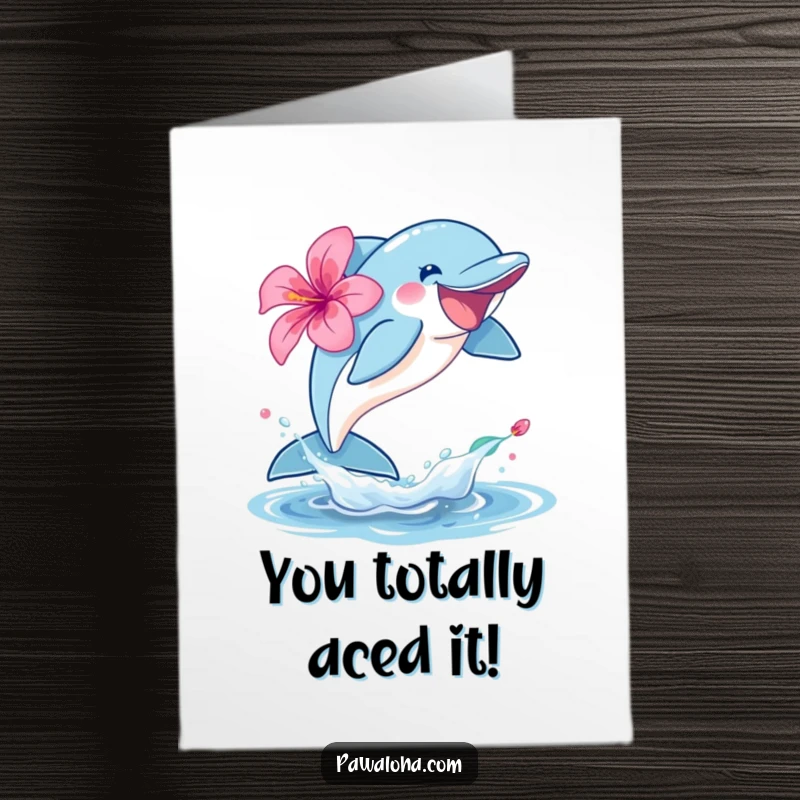 Funny Free Printable Congratulations Card featuring a dolphin leaping with a hibiscus, celebrating achievements with aquatic flair.