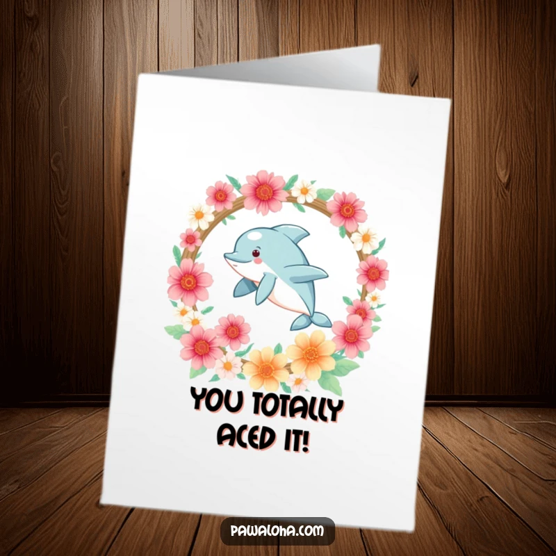 Funny Free Printable Congratulations Card of a kawaii dolphin joyfully jumping through a flower hoop, symbolizing achievement and celebration.