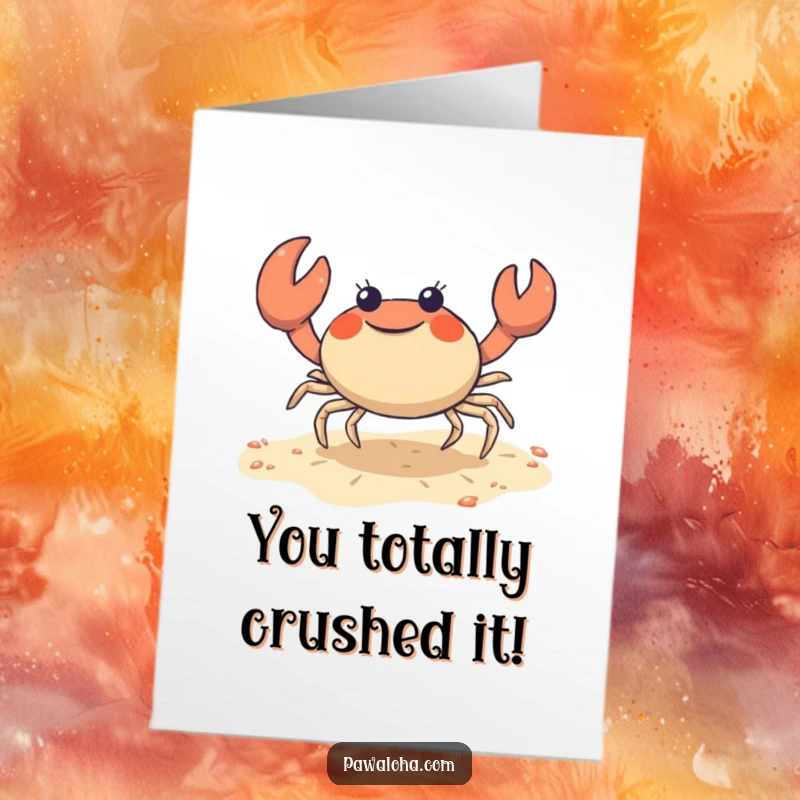 Funny Free Printable Congrats Card: Adorable crab character doing a joyful sideways shuffle on the sand, celebrating achievements, perfect DIY downloadable.