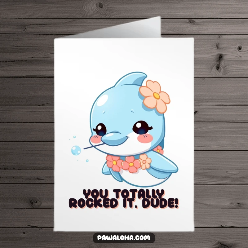 Funny Free Printable Congratulations Card: A curious dolphin in a lei blowing sparkly bubbles, perfect for celebrating achievements.