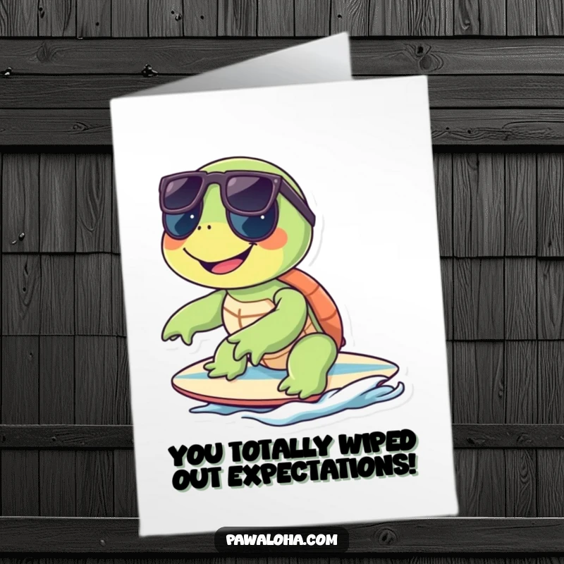 Funny free printable congratulations card featuring a smiling turtle in sunglasses on a surfboard.