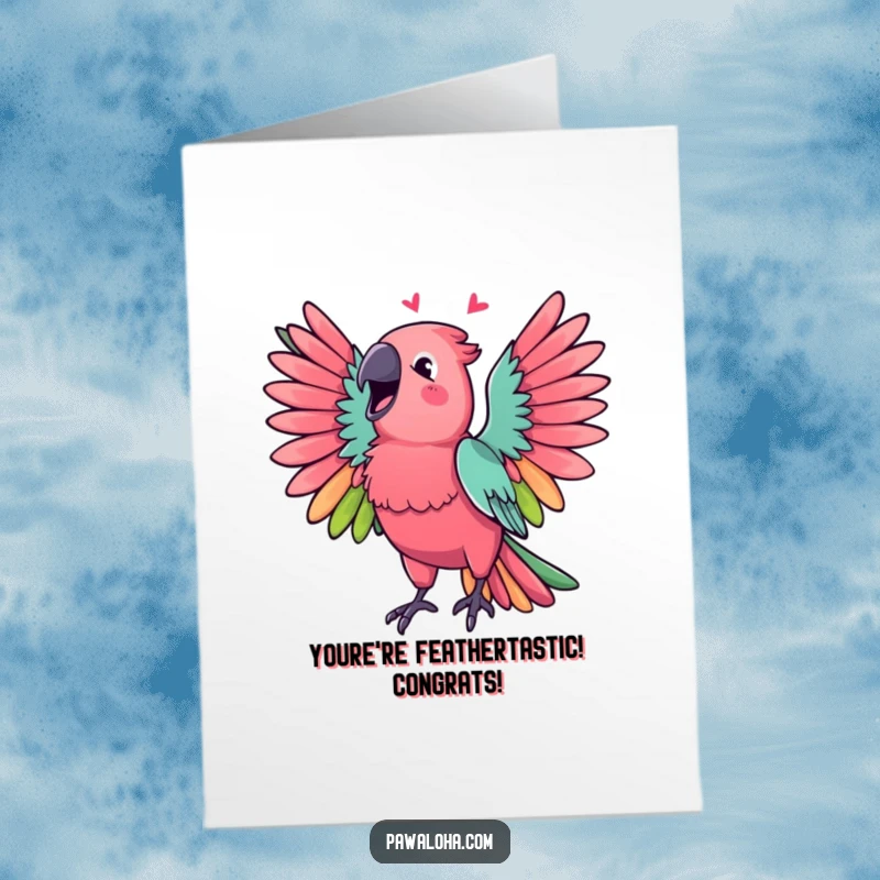 Funny Free Printable Congratulations Card showcasing a vibrant parrot with wings spread, enthusiastically singing a celebratory melody, a perfect downloadable gift.