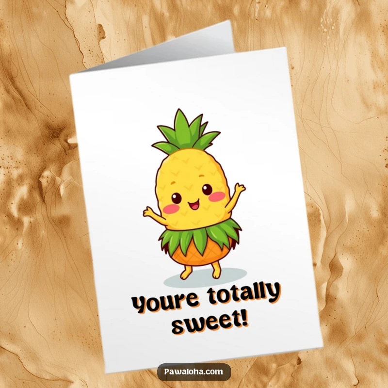 Funny Free Printable Congratulations Card: A dancing Kawaii pineapple in a grass skirt celebrating your big win.