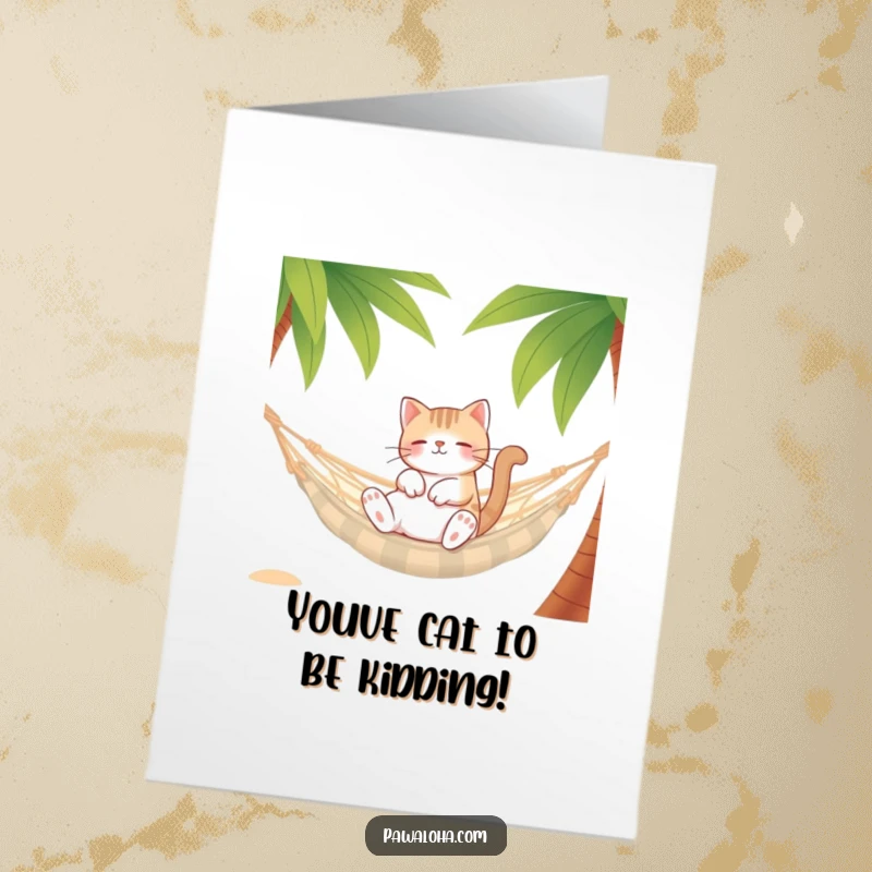 Funny free printable congratulations card: A cool cat relaxes in a hammock, looking smugly pleased with a recent success.