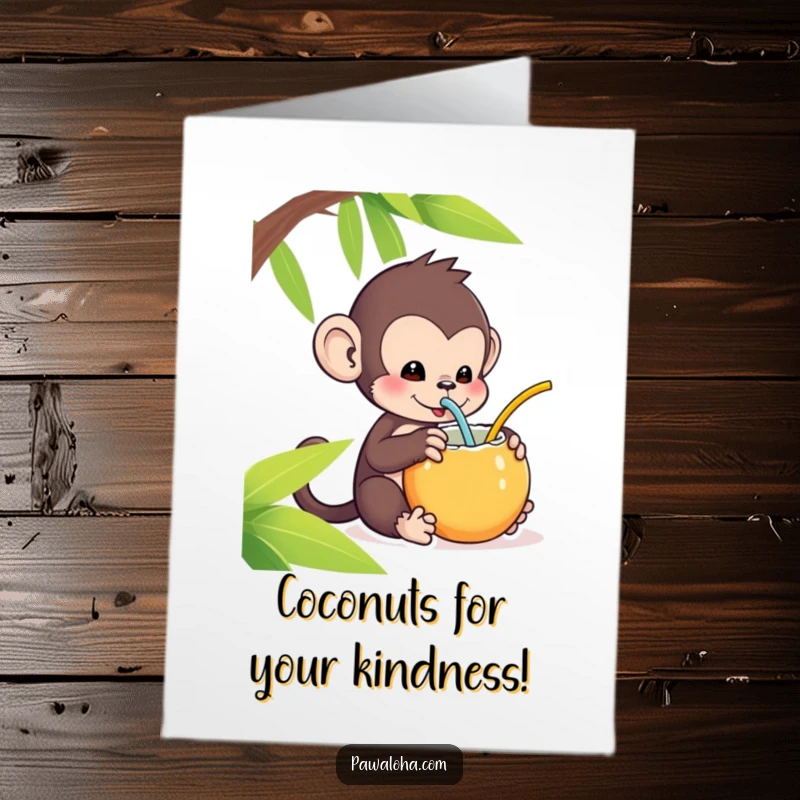 Funny Free Printable Thank You Card: Kawaii monkey contentedly sipping a coconut drink through a straw, expressing thanks.