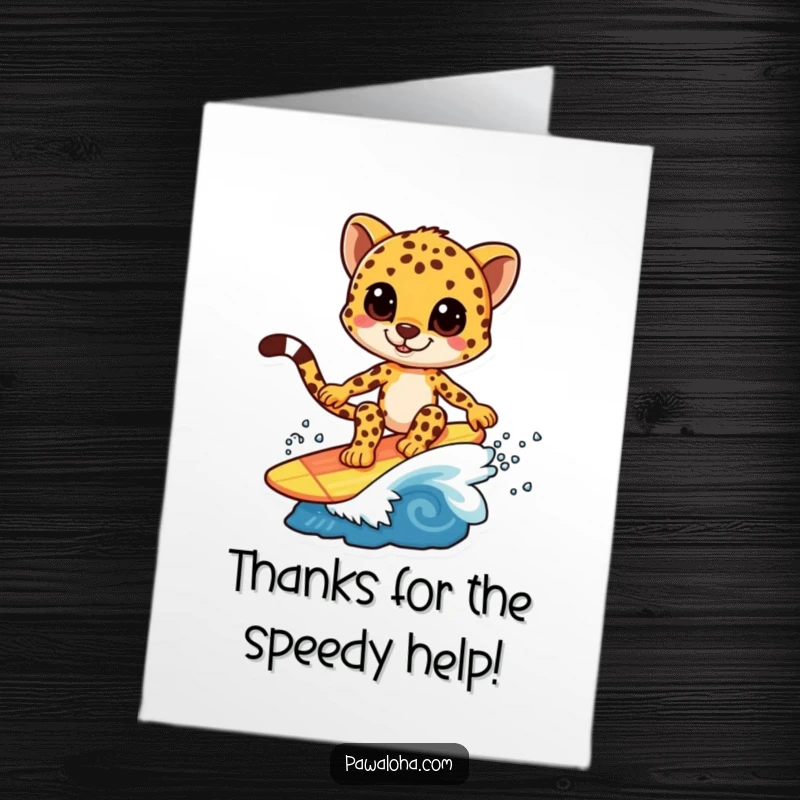 Funny Free Printable Thank You Card: A cheetah character expertly surfs a small, vibrant wave, looking thankful.