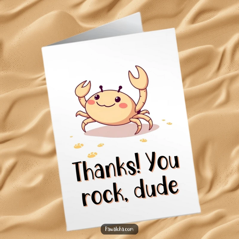 Funny free printable thank you card of a happy crab scuttling sideways, leaving footprints, showing appreciation.