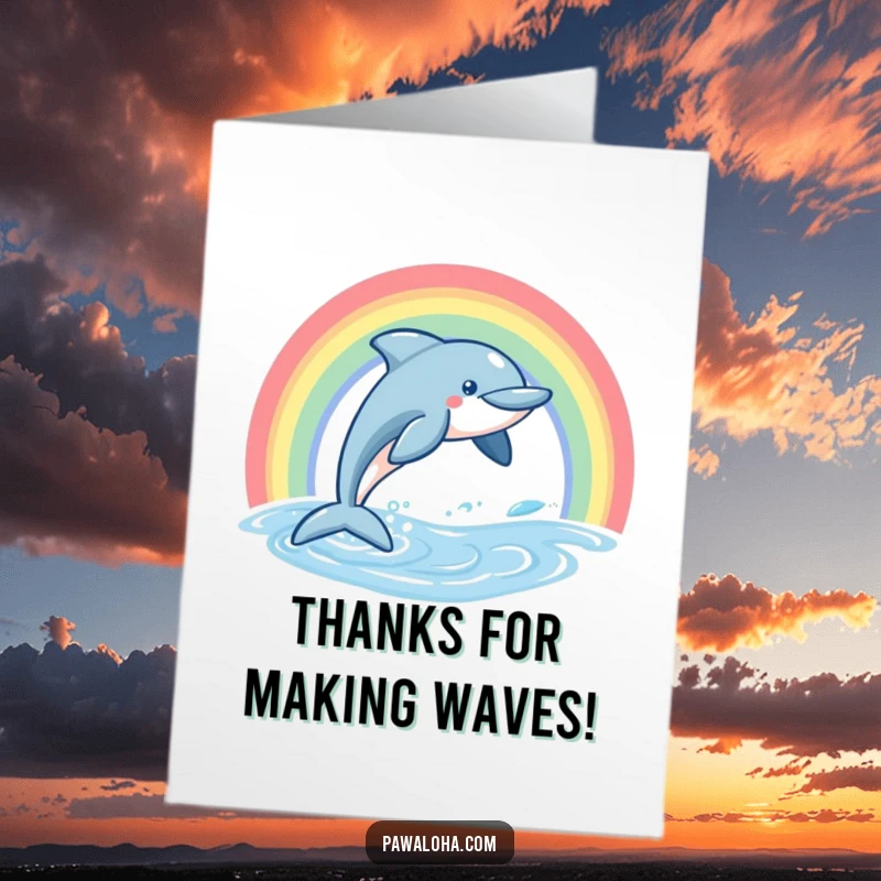 Funny Free Printable Thank You Card: a friendly dolphin leaps from the water beneath a colourful rainbow, a delightful way to say thanks.
