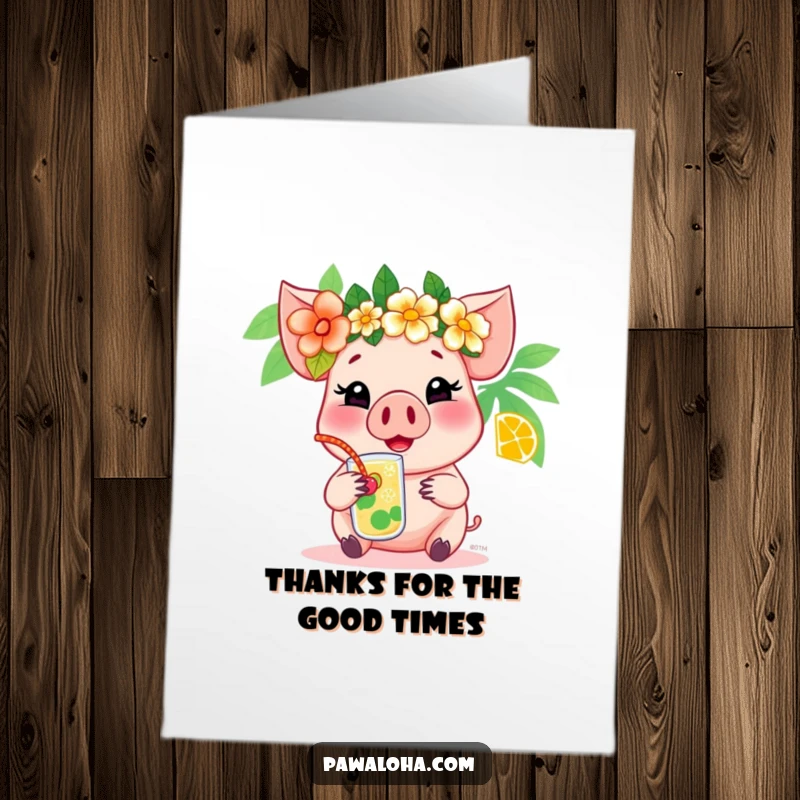Funny Free Printable Thank You Card: Cheerful pig with a flower crown holding a tropical drink, a thank you message. Downloadable art.