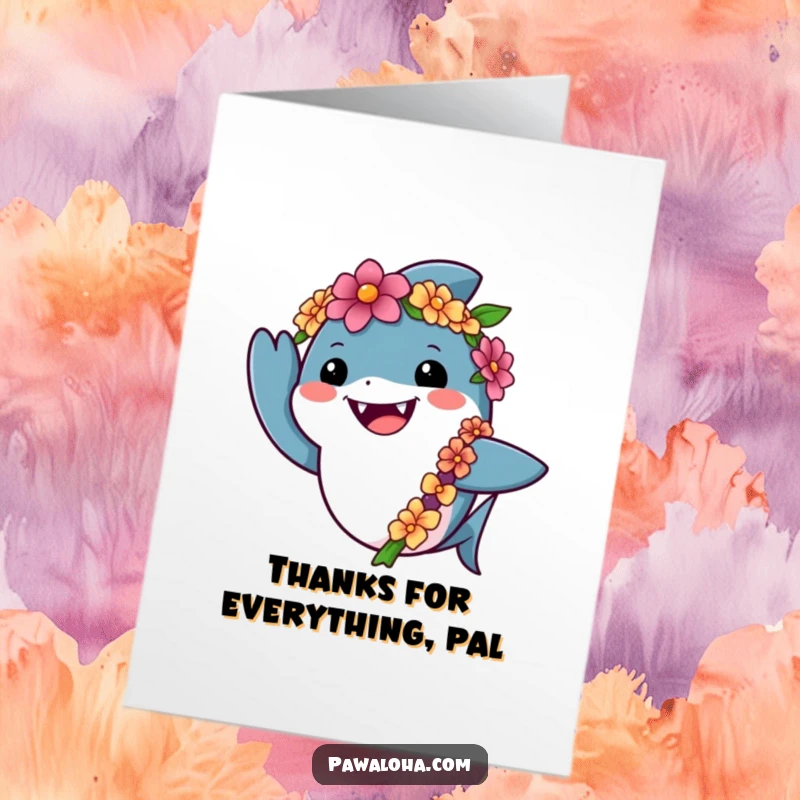 Funny Free Printable Thank You Card: Friendly shark wearing a lei, waving cheerfully to express thanks. Downloadable art.