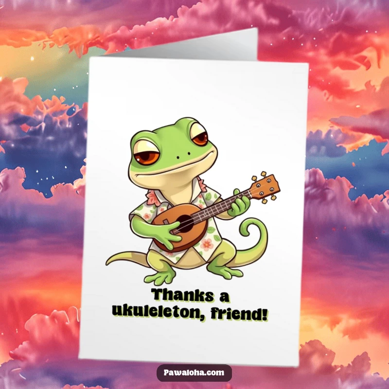 Funny Free Printable Thank You Card: Gecko in Hawaiian shirt plays ukulele, offering a cool thanks.