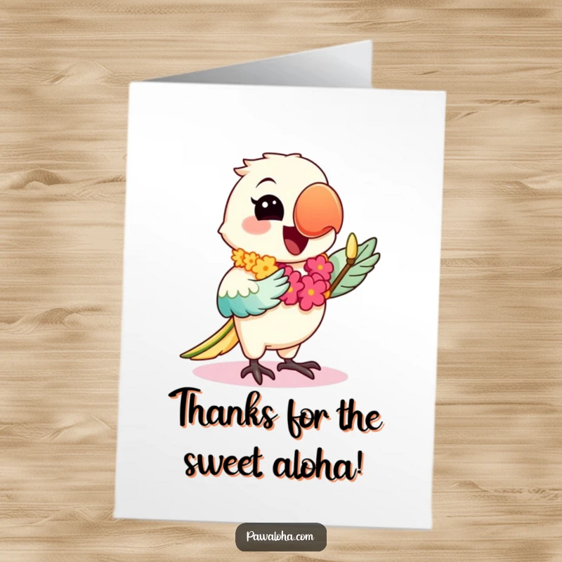 Funny Free Printable Thank You Card showing a happy kawaii parrot in a lei, dancing the hula, spreading thanks.
