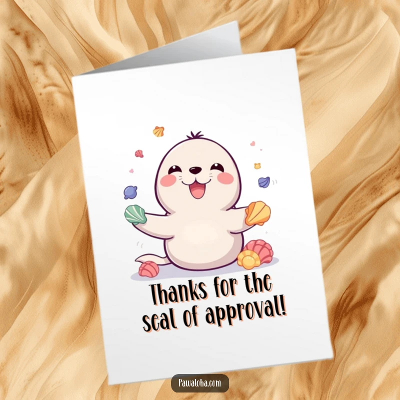 Funny Free Printable Thank You Card: A seal juggling colorful seashells, offering thanks with a beaming smile and impressive dexterity.