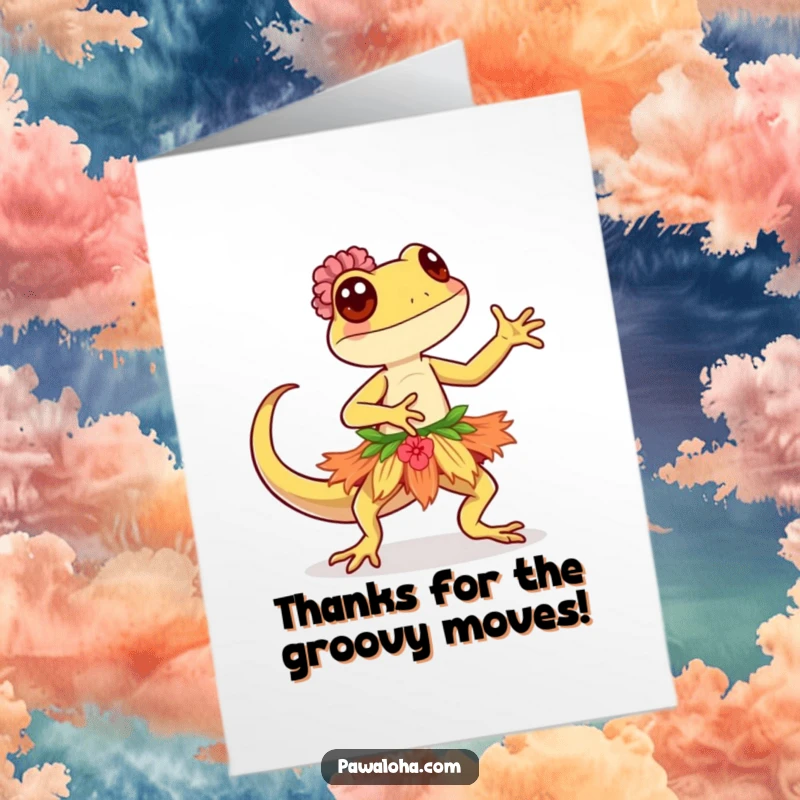 Funny Free Printable Thank You Card featuring a kawaii gecko in a festive hula skirt, dancing gracefully to show appreciation.