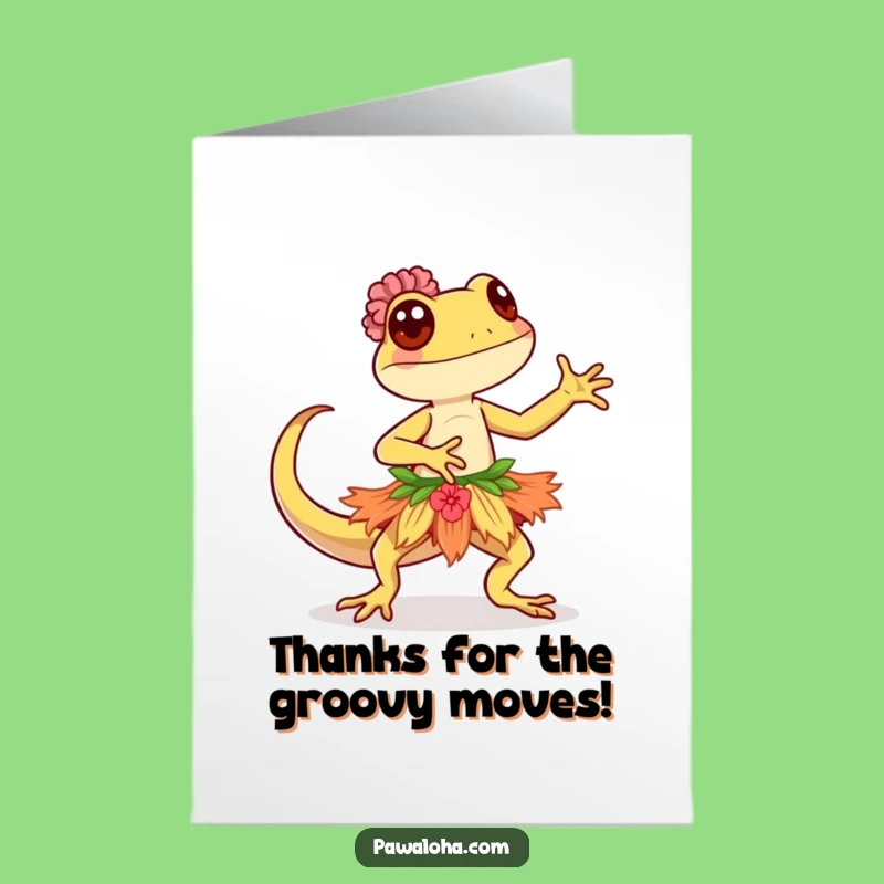 Free Printable Kawaii Gecko Hula Thank You Card: Funny Dancer Downloadable Gift