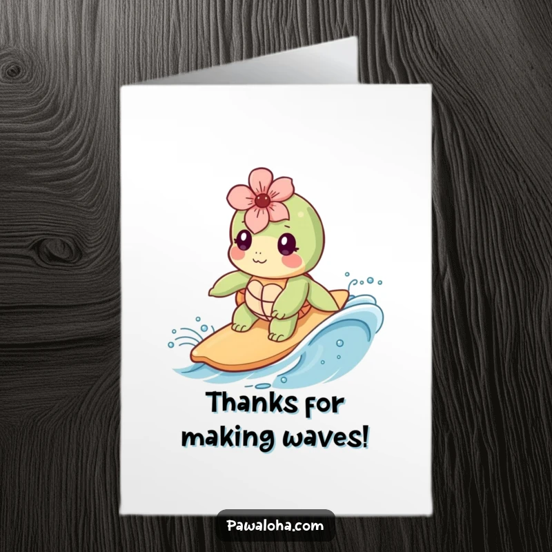 Funny Free Printable Thank You Card featuring a kawaii sea turtle on a surfboard, conveying thanks with a cheerful grin.