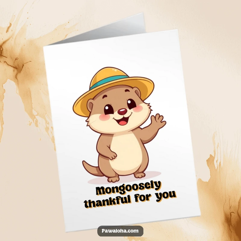Funny Free Printable Thank You Card: A cheerful mongoose in a sun hat gives a gentle wave, expressing sincere thanks.