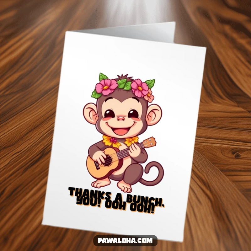 Funny Free Printable Thank You Card: Happy monkey wearing a lei plays ukulele, ideal for a downloadable gift.