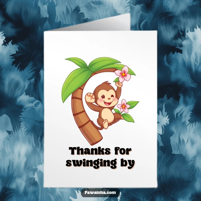 Funny Free Printable Thank You Card of a playful monkey swinging from a palm tree with a flower, expressing thanks.