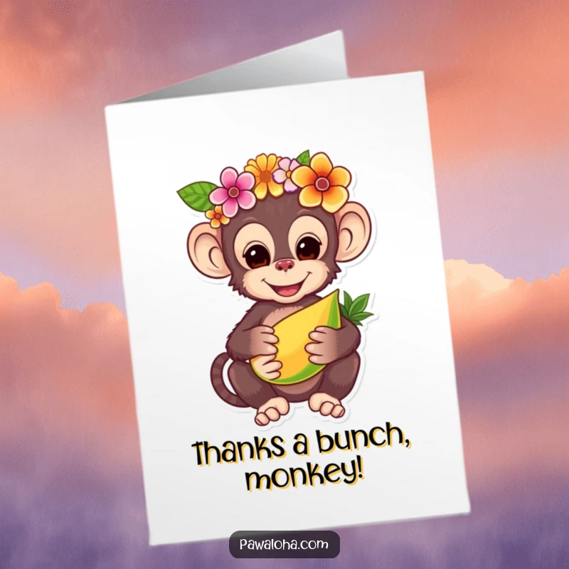 Funny Free Printable Thank You Card: A charming monkey wearing a flower crown, offering tropical fruit with a grateful and friendly smile.