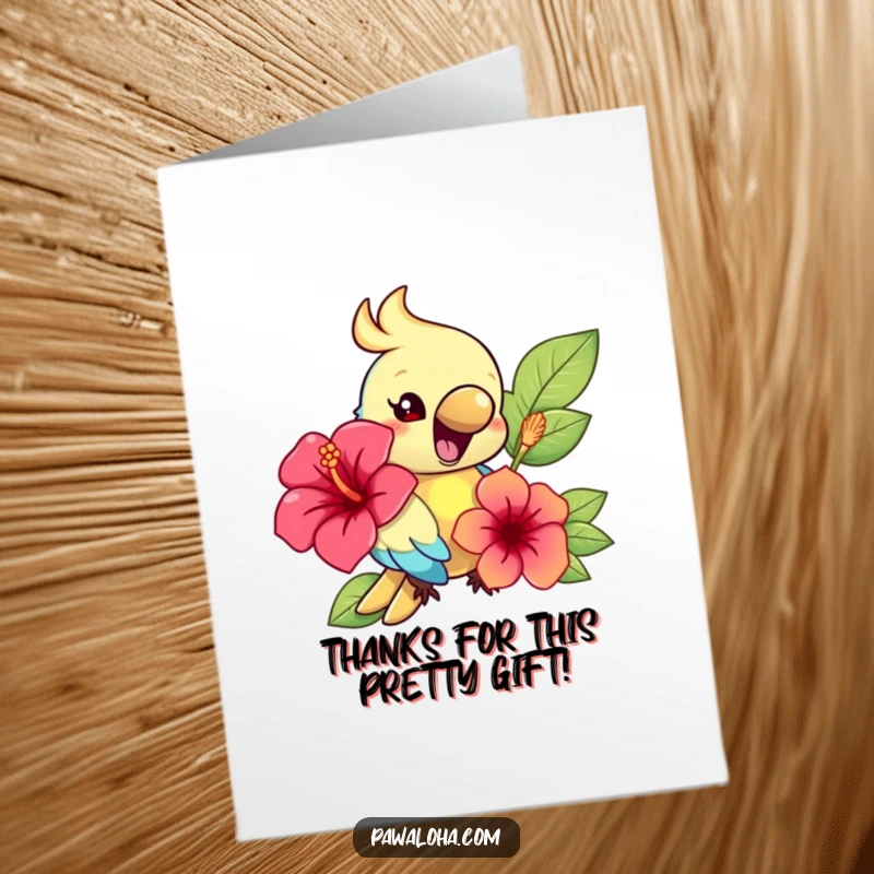 Funny Free Printable Thank You Card: A happy parrot squawks sweetly holding a vibrant hibiscus flower for you.