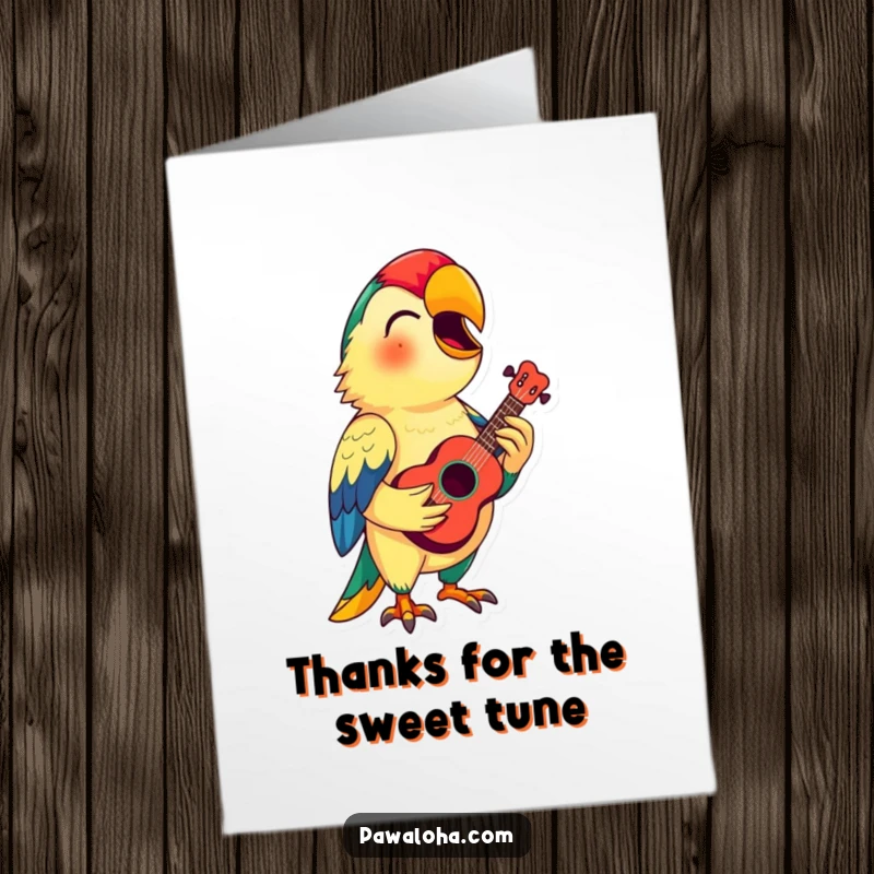 Funny Free Printable Thank You Card: A colorful parrot with a tiny ukulele sings a thank you song, spreading musical appreciation.