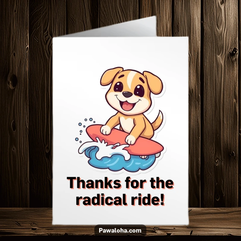 Funny Free Printable Surfing Dog Thank You Card, a dog character riding a wave with a big grin, expressing thanks.