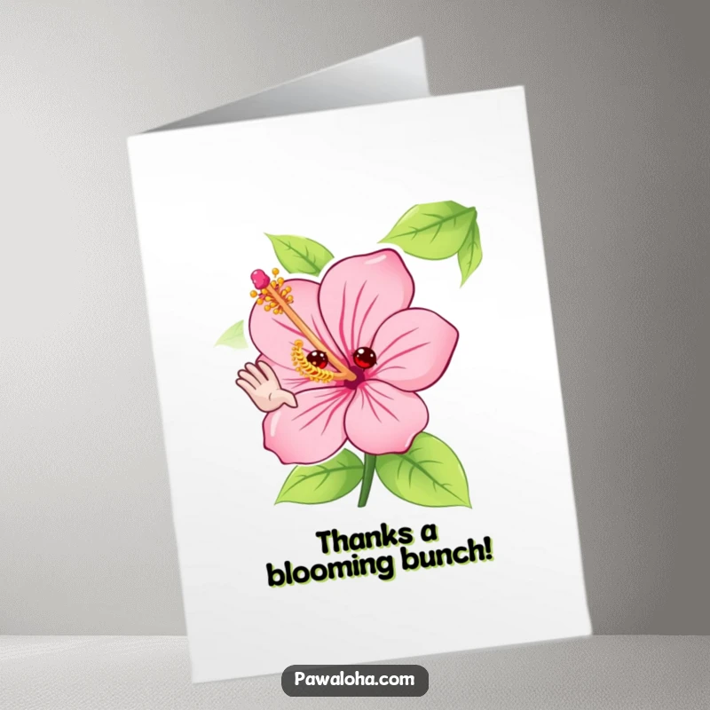 Funny Free Printable Thank You Card: Cute hibiscus flower character waving hello with petals, expressing gratitude, perfect DIY downloadable.