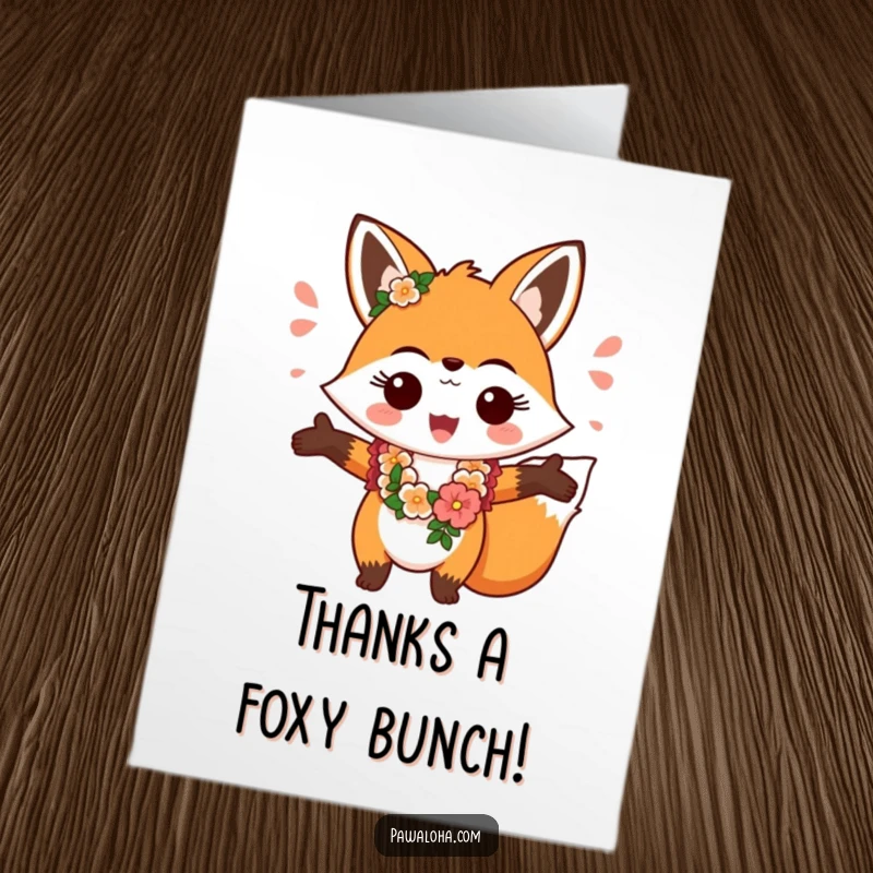 Funny Free Printable Thank You Card: Fox with a lei, arms open wide, offering a warm and cheerful thank you.