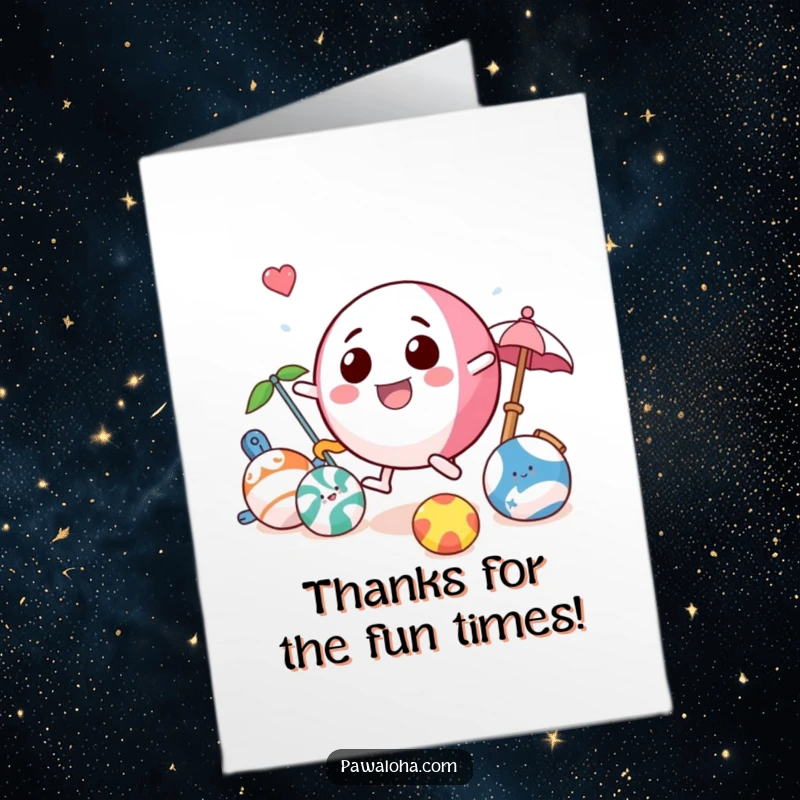 Funny Free Printable Thank You Card: Cheerful beach ball character bouncing with beach toys, sending thanks, perfect DIY downloadable.