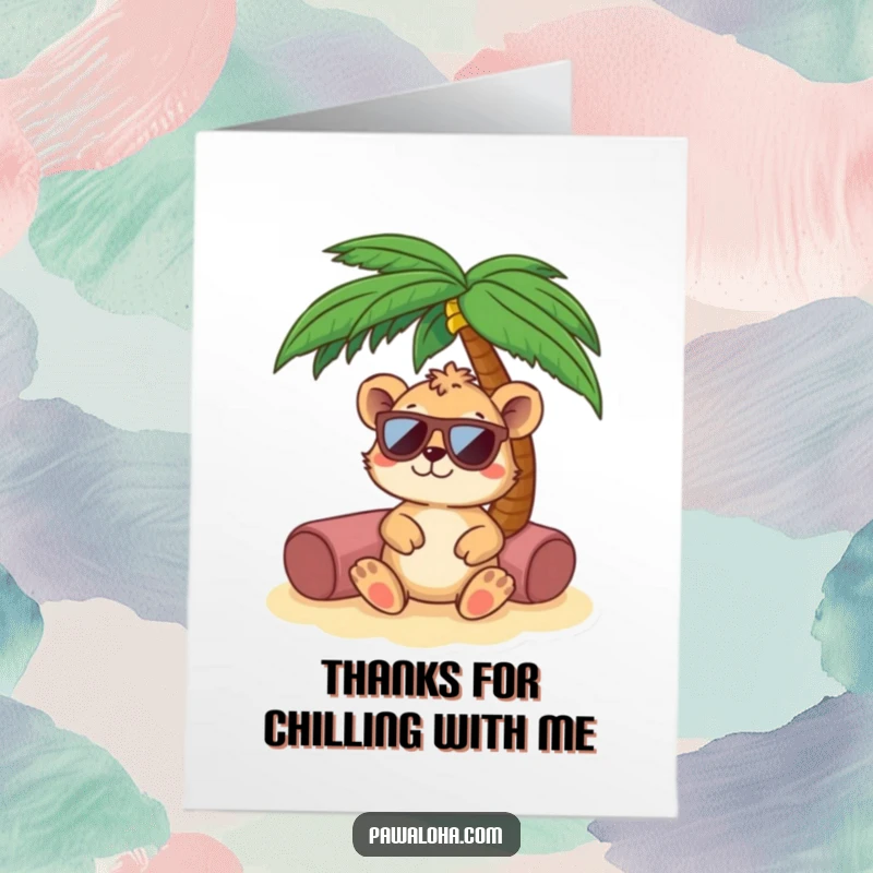 Funny Free Printable thank you card of an animal wearing stylish sunglasses, relaxing comfortably under a palm tree.