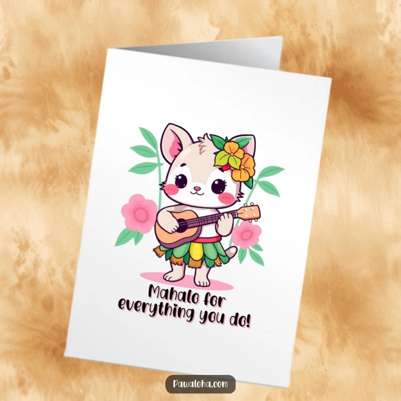 Funny Free Printable Thank You Card: Kawaii hula animal strumming a ukulele with a thankful spirit.