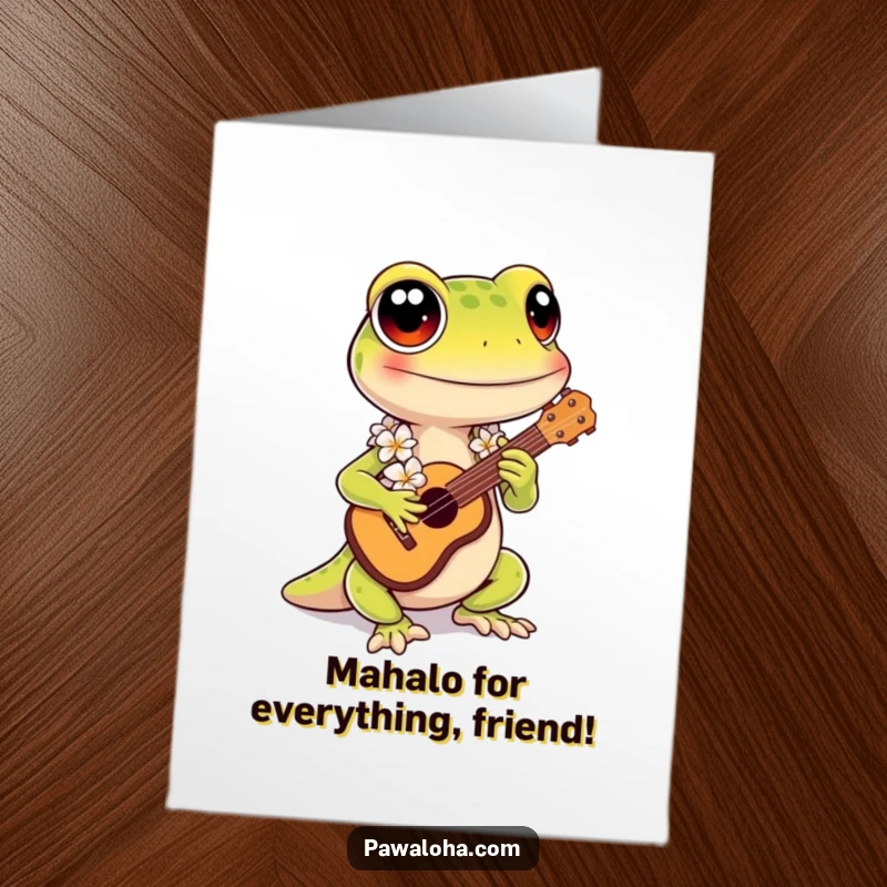 Funny Free Printable Thank You Card: Kawaii gecko with lei playing ukulele, expressing heartfelt thanks.