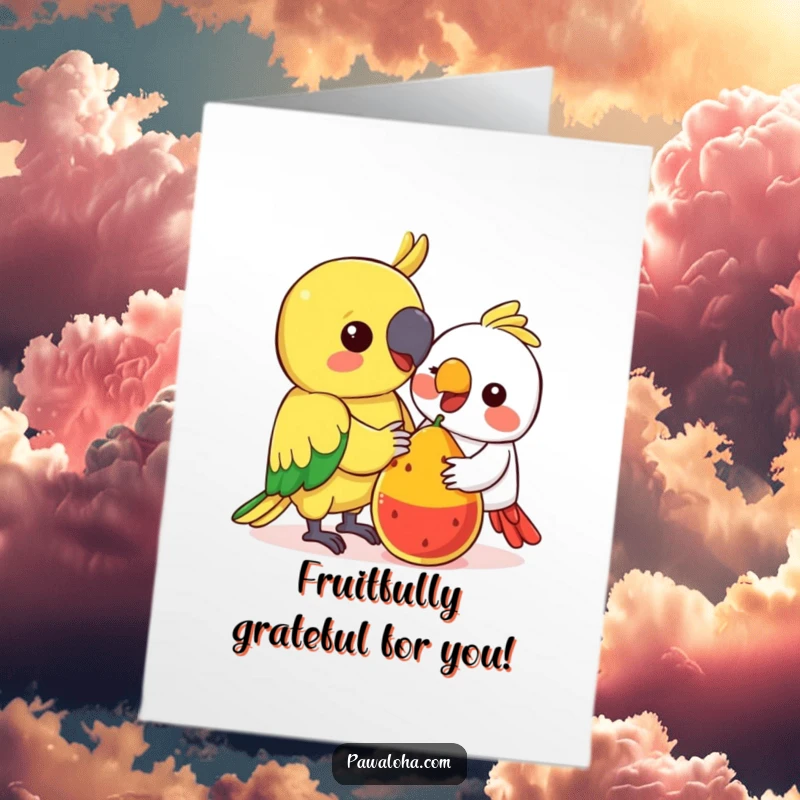 Funny Free Printable Thank You Card: Kawaii parrot sharing a piece of colorful fruit, conveying gratitude.