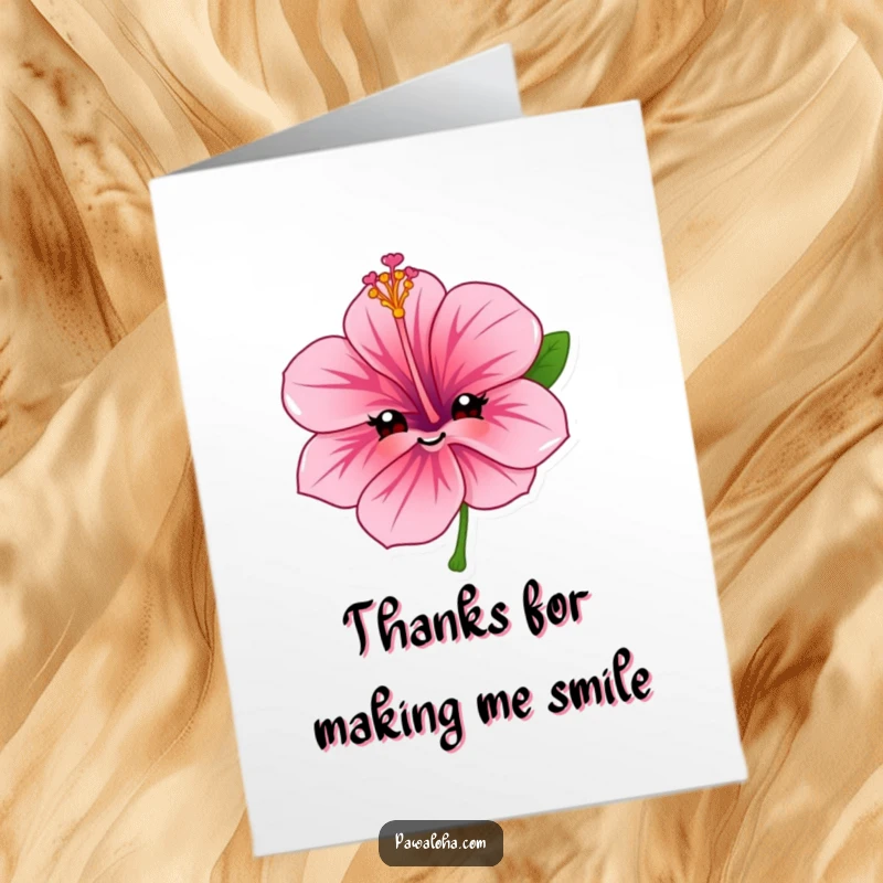 Funny Free Printable Thank You Card featuring a sweet hibiscus flower character conveying gratitude with a friendly, genuine smile.