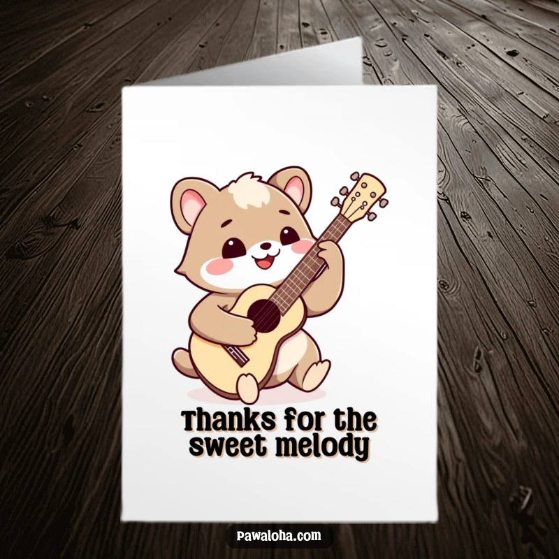 Funny Free Printable thank you card of a happy animal playing a ukulele with a wide, infectious smile, expressing sincere thanks.