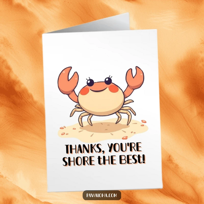 Funny Free Printable Thank You Card: Cute crab character doing a joyful sideways shuffle on the sand, expressing thanks, perfect DIY downloadable.