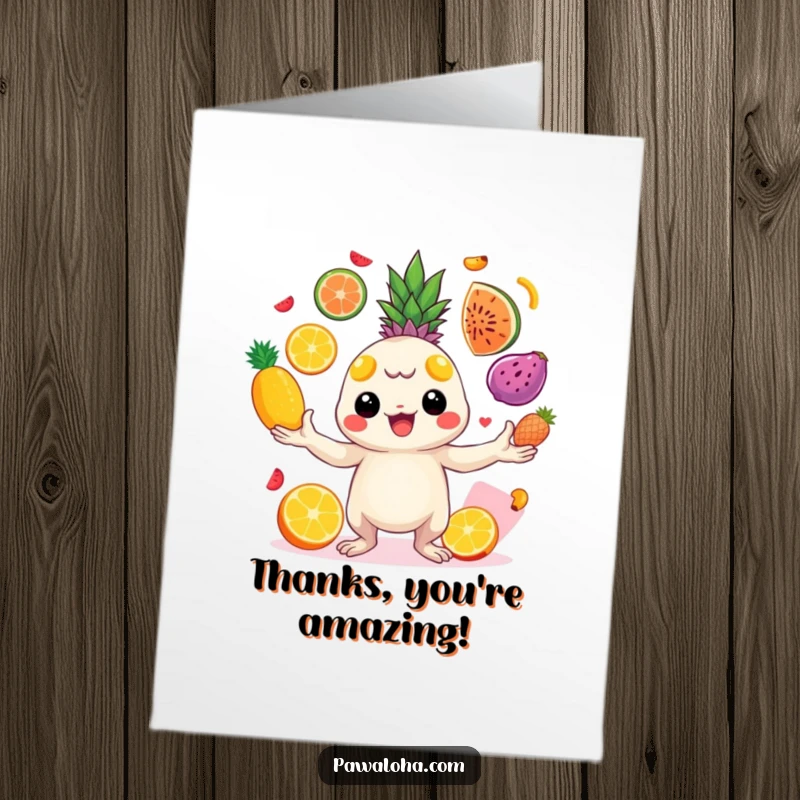 Funny Free Printable thank you card of a cheerful creature juggling a variety of bright, exotic tropical fruits with great energy.