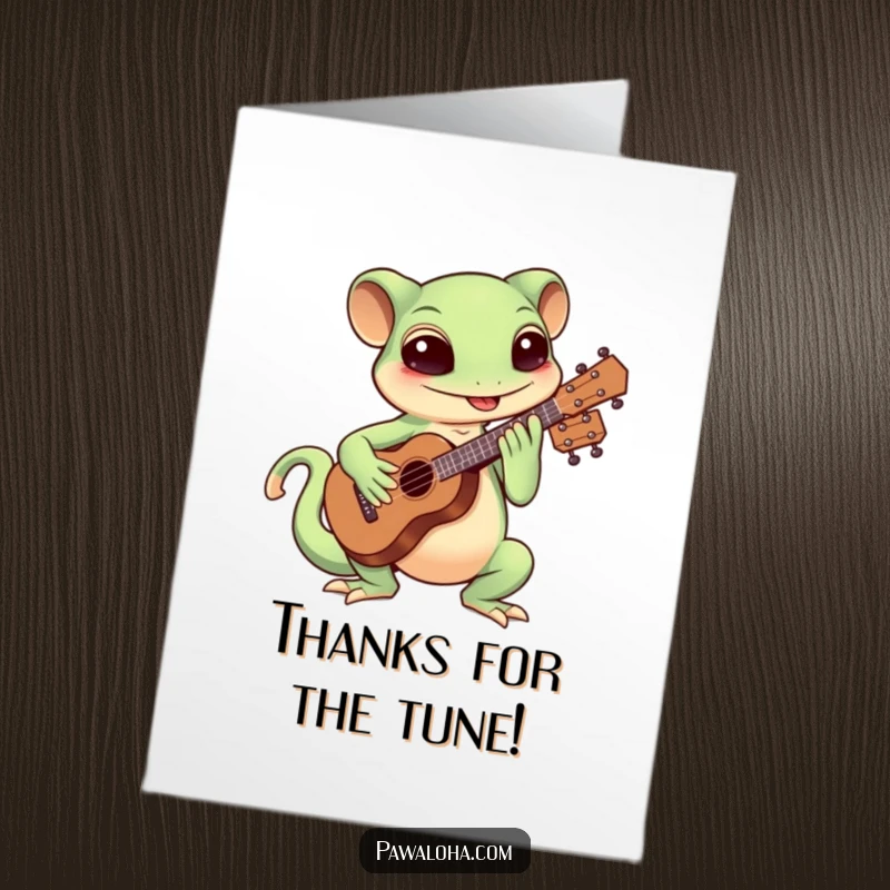 Funny Free Printable Thank You Card: A happy Kawaii gecko playing a ukulele, sending thanks.